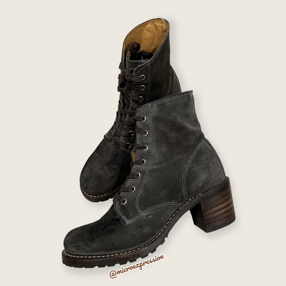RARE Frye Sabrina 6G Olive Green-Grey Suede Lace Up Combat Block Heel Ankle Boot - Picture 14 of 15